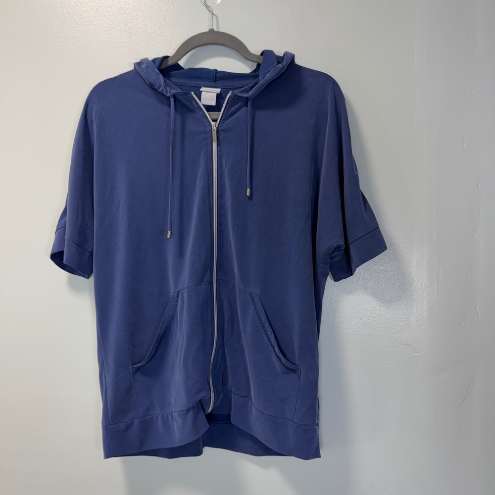Chicos Zenergy Womens Blue Short Sleeve Full Zip Hoodie Modal Blend Size 0 S 4/6